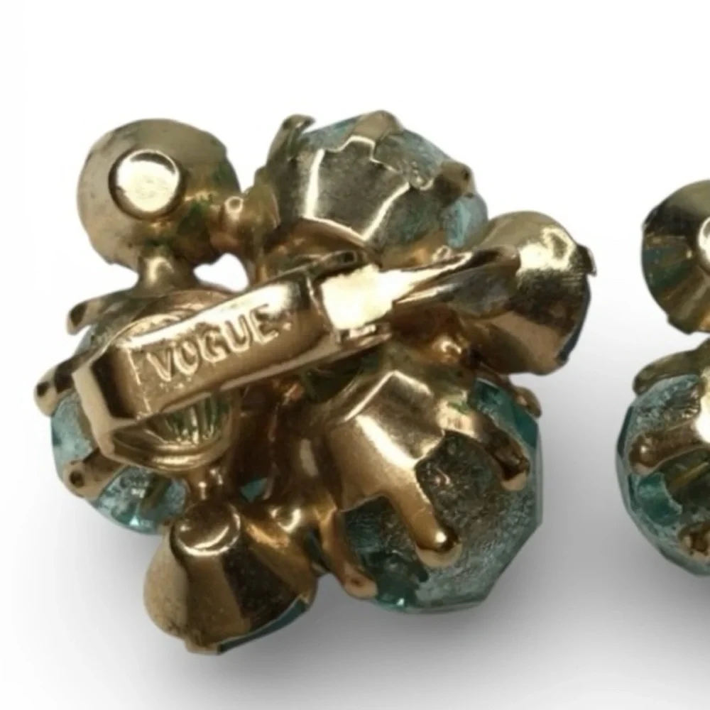 Reserved -Vintage Signed VOGUE Cluster Earrings Gold Tone, Blue & AB Rhinestones - Picture 9 of 12
